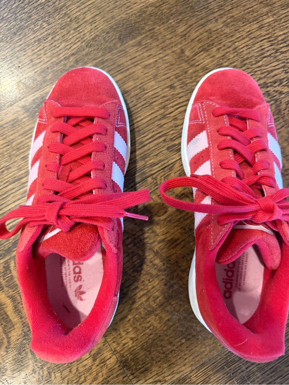 adidas Red Suede Sneakers with pink stripes